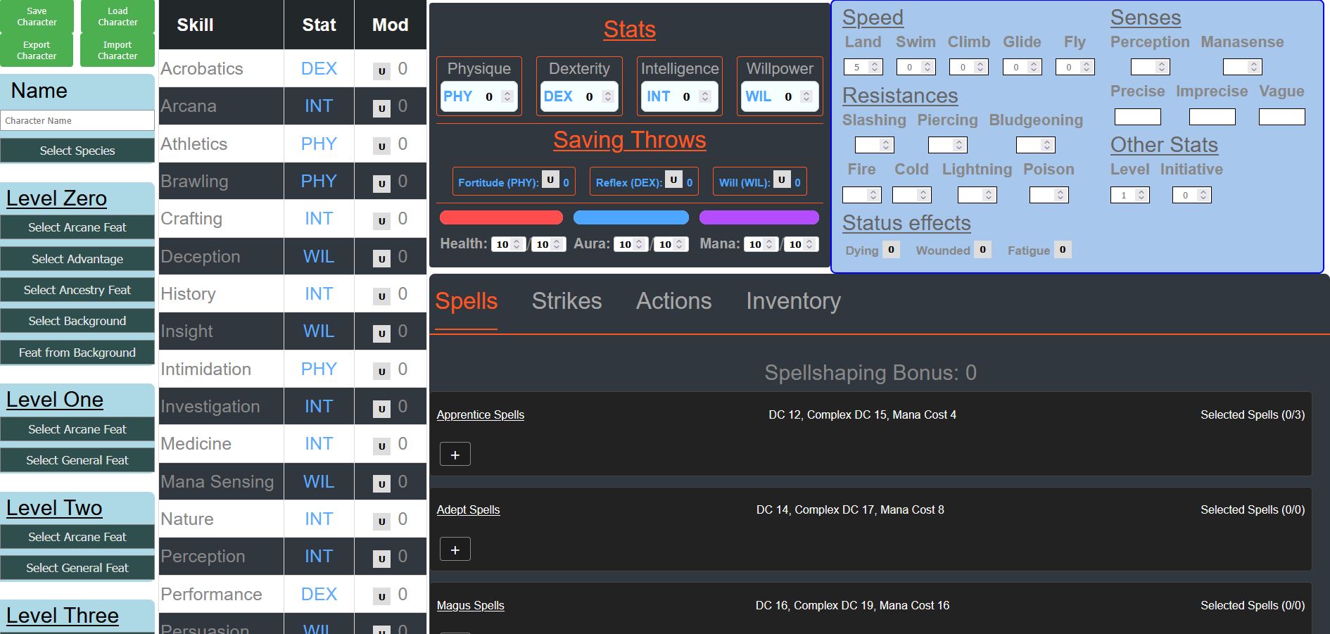 An image of the Character Sheet