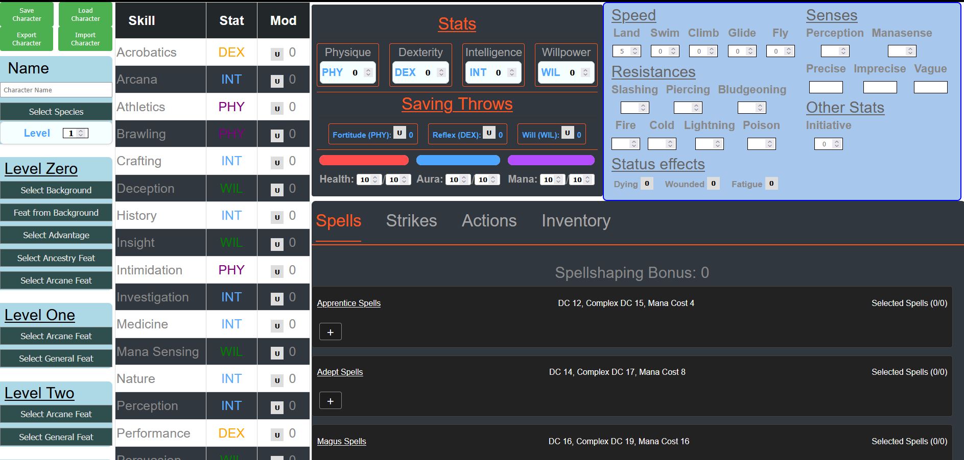 An image of the Character Sheet